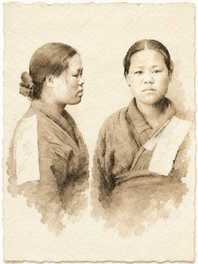 유관순 열사의 수형기록표 사진 두 장 — 왼쪽은 측면, 오른쪽은 정면. 흰 저고리에 어두운 치마를 입고 머리를 뒤로 묶은 모습